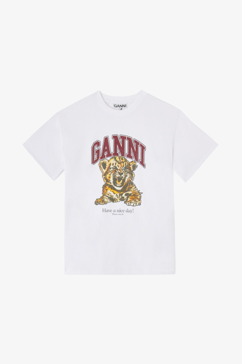 GRUBY BAWEŁNIANY BIAŁY T-SHIRT Z NADRUKIEM TYGRYS GANNI