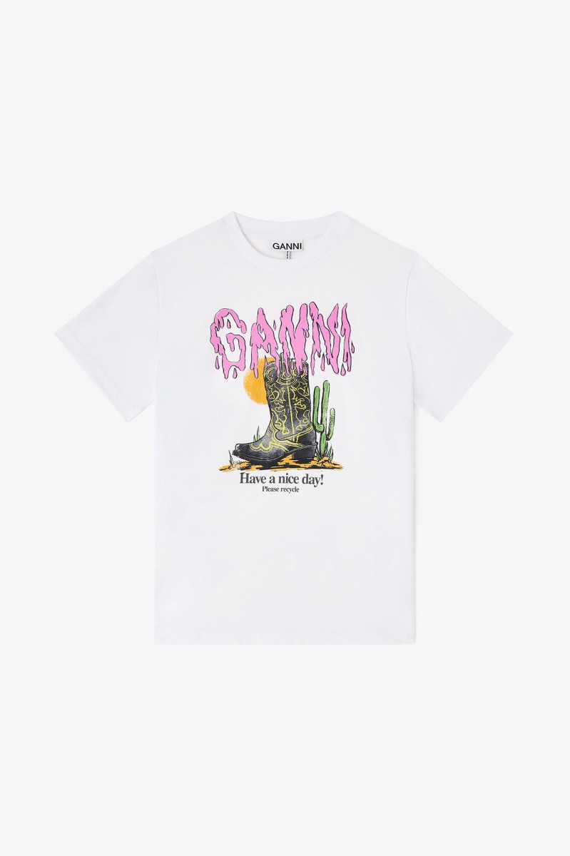 CIENKI BIAŁY T-SHIRT GANNI BAWEŁNA GRAFIKA KOWBOJKI