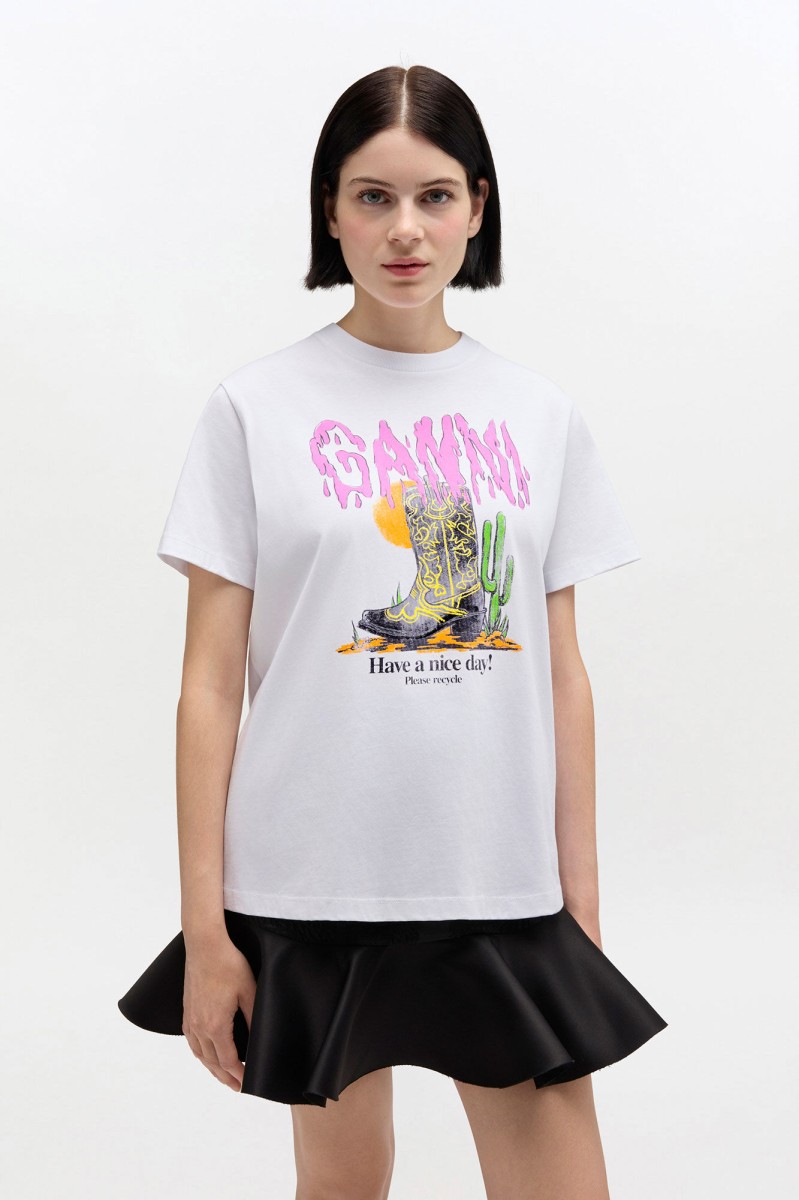 CIENKI BIAŁY T-SHIRT GANNI BAWEŁNA GRAFIKA KOWBOJKI
