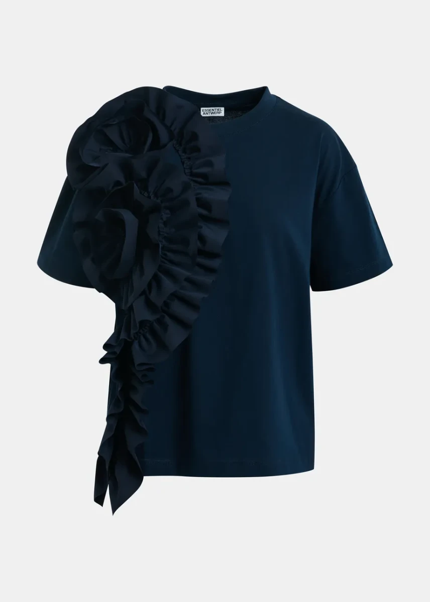 GRANATOWY BAWEŁNIANY T-SHIRT Z KWIATOWĄ FALBANĄ ESSENTIEL ANTWERP