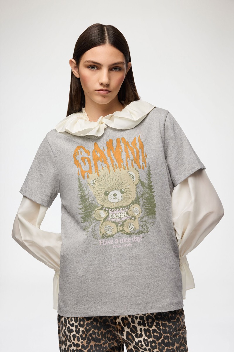 SZARY T-SHIRT Z NADRUKIEM GANNI