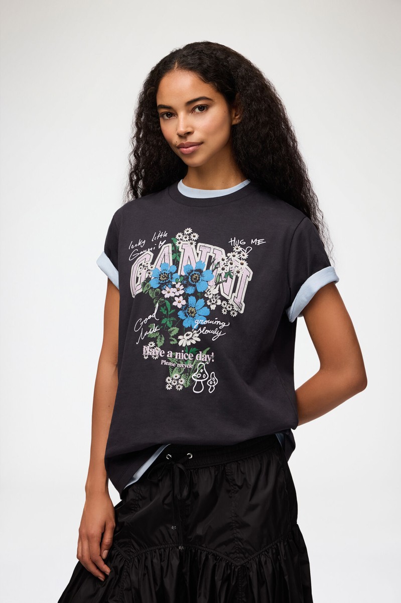 ANTRACYTOWY T-SHIRT Z NADRUKIEM GANNI