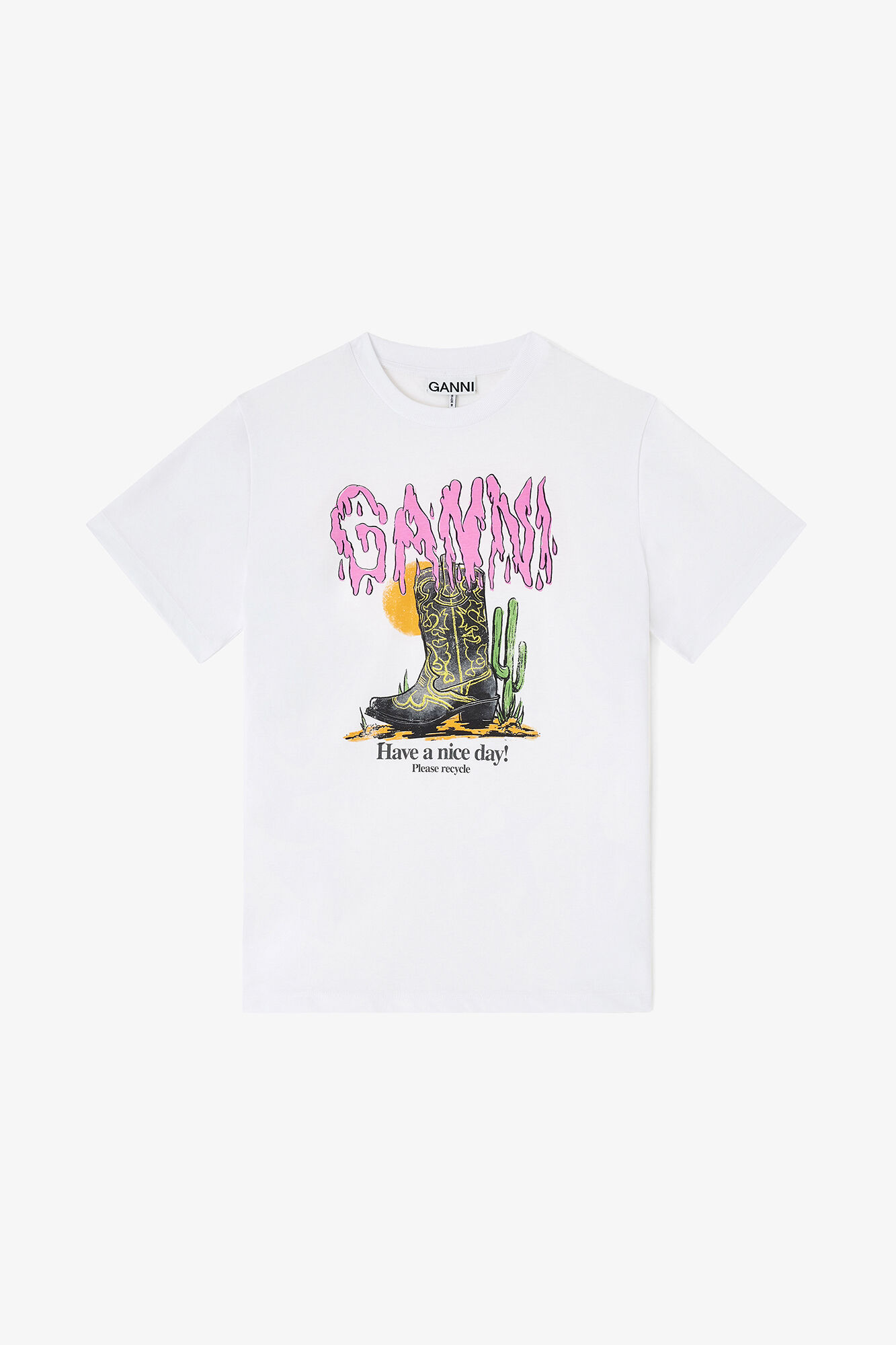CIENKI BIAŁY T-SHIRT GANNI BAWEŁNA GRAFIKA KOWBOJKI