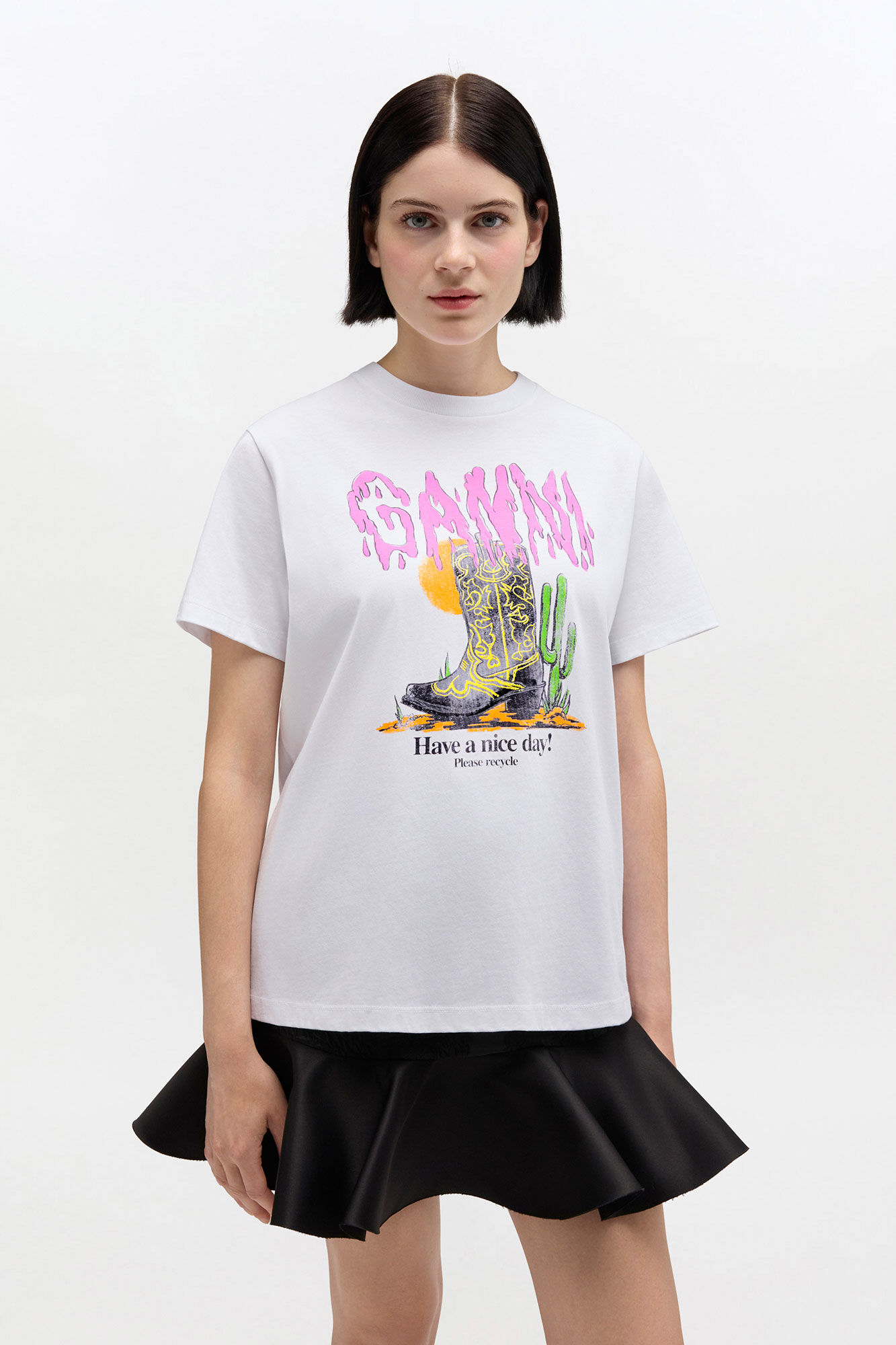 CIENKI BIAŁY T-SHIRT GANNI BAWEŁNA GRAFIKA KOWBOJKI