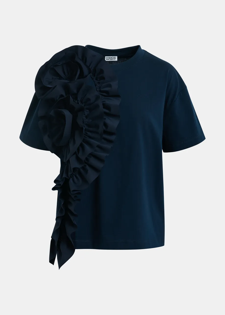 GRANATOWY BAWEŁNIANY T-SHIRT Z KWIATOWĄ FALBANĄ ESSENTIEL ANTWERP