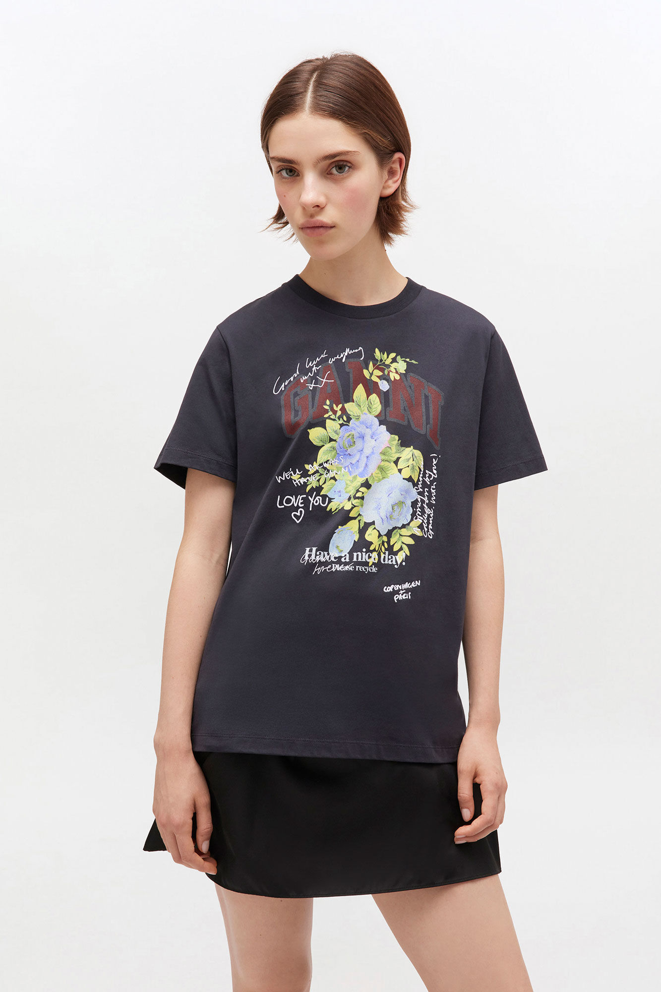 BAWEŁNIANY GRAFITOWY T-SHIRT Z KWIATOWYM PRINTEM GANNI