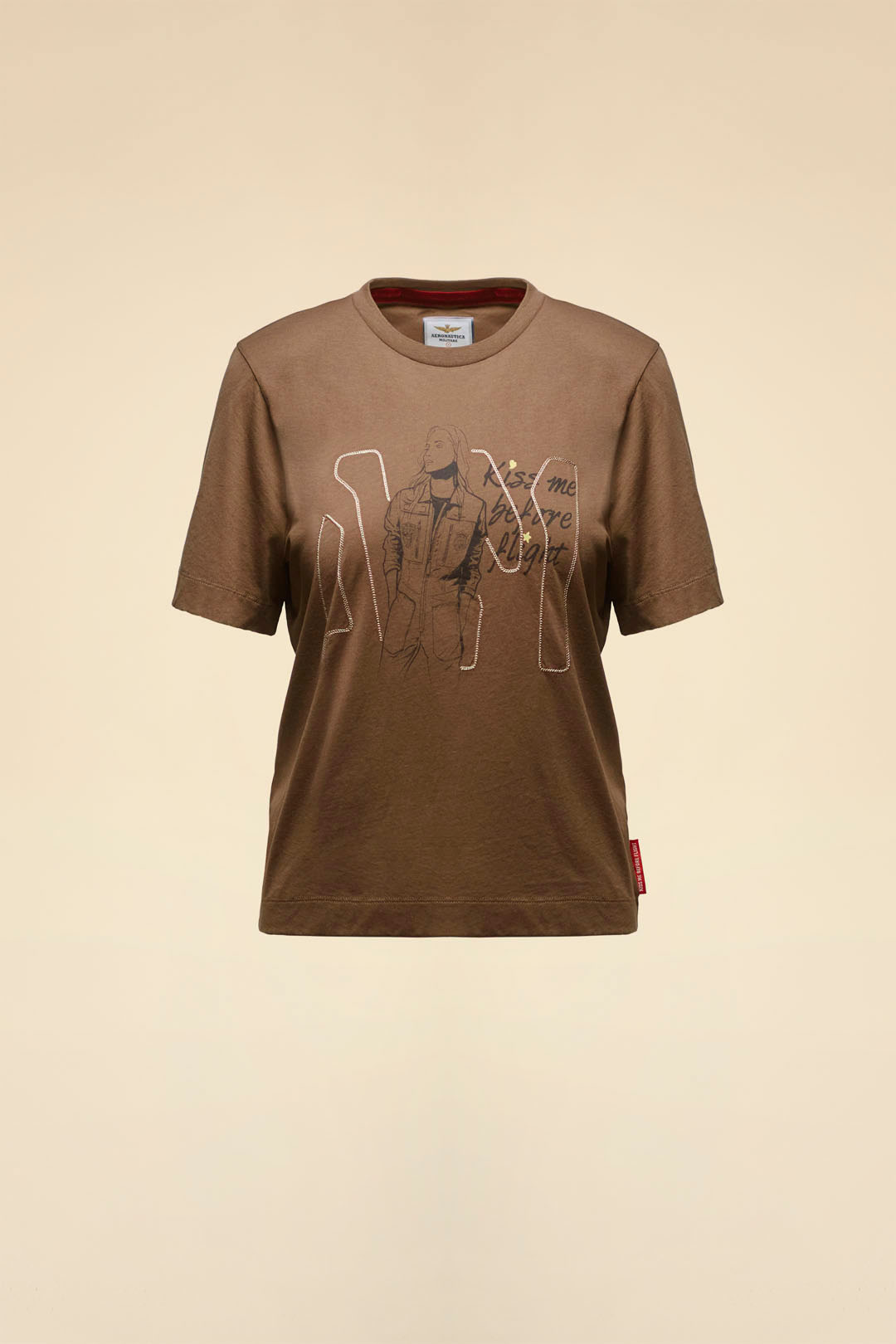 CZEKOLADOWY BAWEŁNIANY T-SHIRT Z NADRUKIEM AERONAUTICA MILITARE GDYNIA KLIF